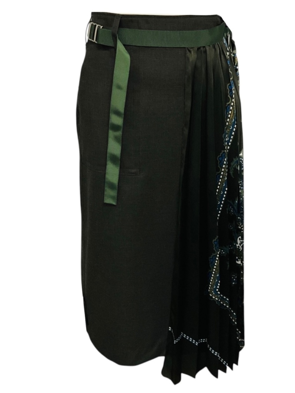 SACAI CHARCOAL GREY / GREEN MULTI SUITING X PAISLEY PRINT PLEATED MIXED MEDIA MI